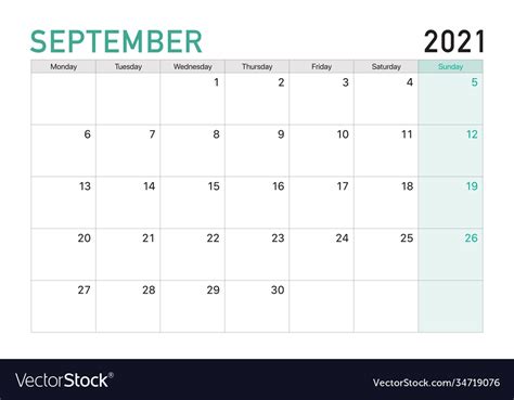 2021 September Desk Calendar In Green White Theme Vector Image