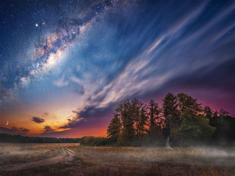 Wallpaper Milky Way Clouds Night Sky Landscape Tree Stars Desktop