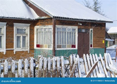 Colorful Wooden Old House In Belarus Winter Time Stock Image Image Of