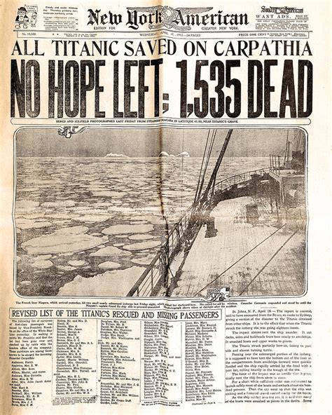 Titanic Disaster Newspaper Headline No Hope Left 1535 Dead 20230625 Photograph By Unknown Fine