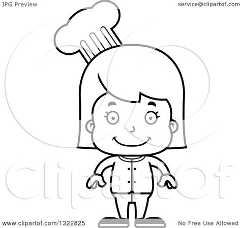 lineart clipart of a cartoon black and white happy girl chef royalty free outline vector