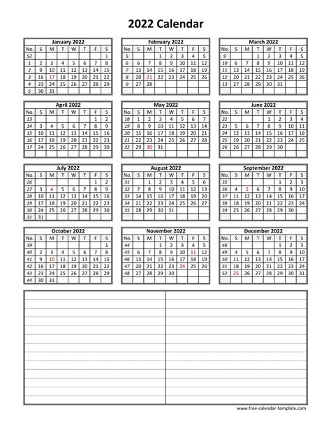 Yearly 2022 Printable Calendar With Space For Notes Free Calendar