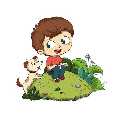 Niño con un perro Sentado en el parque con su mascota Dibustock dibujos e ilustraciones
