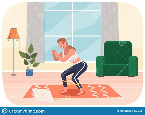 Young Woman Working Out Doing Exercises At Home On Mat Squat With Load