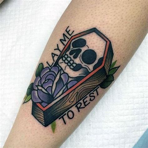 The past should stay banner coffin tattoo design idea. 90 Coffin Tattoo Designs For Men - Buried Ink Ideas