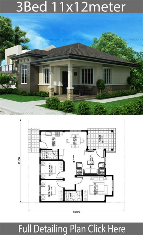 1 and 2 bedroom home plans may be a little too small in the below collection, you'll find dozens of 3 bedroom house plans that feature modern amenities. House design 11x12m with 3 bedrooms in 2020 | Small house design plans, Simple bungalow house ...