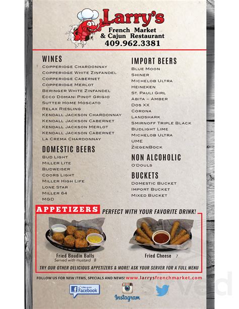 Larrys French Market And Cajun Restaurant Menu In Groves Texas Usa