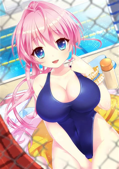 Wallpaper Original Characters Pink Hair Blue Eyes One Piece Swimsuit Cleavage X