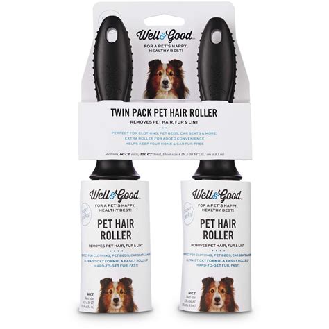 Use rubber gloves to clean pet hair off furniture: Well & Good Twin Pack Pet Hair Rollers, 120 CT | Petco