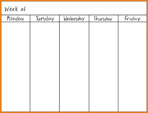 Monday Through Friday Template Calendar Template Printable