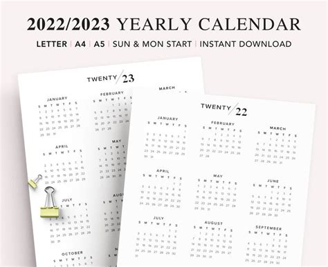 2022 2023 Printable Calendar 2022 Yearly Calendar Year At A Etsy In