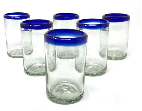 Dos Sueños Hand Blown Mexican Drinking Glasses 6 Juice Glasses With Cobalt Blue Rims 8 Oz