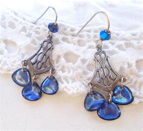 Bright Blue Pressed Czech Glass Petal Chandelier Earrings Etsy