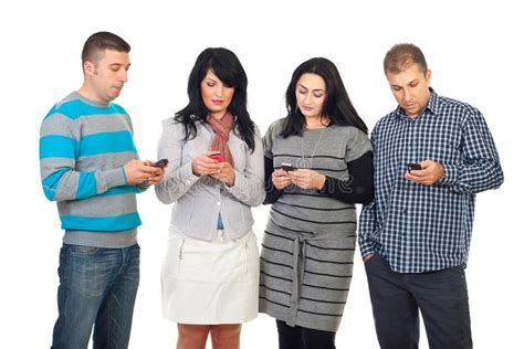 Group Of People Using Cellphones Group Of Four People In A Row Using