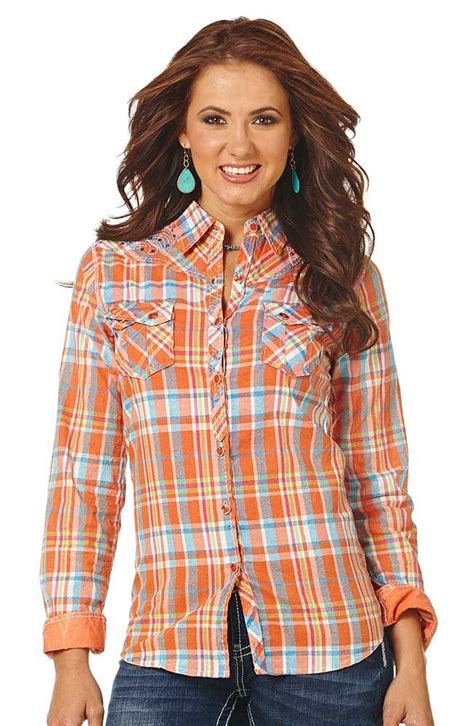 Cowgirl Up Womens Long Sleeve Plaid Western Shirt Orange 5297 Long Sleeve Plaid Women