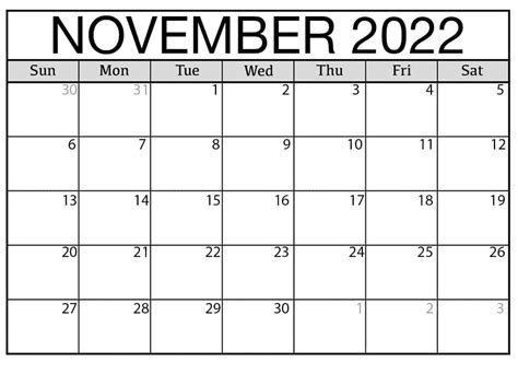 November 2022 Calendar Monthly Planner