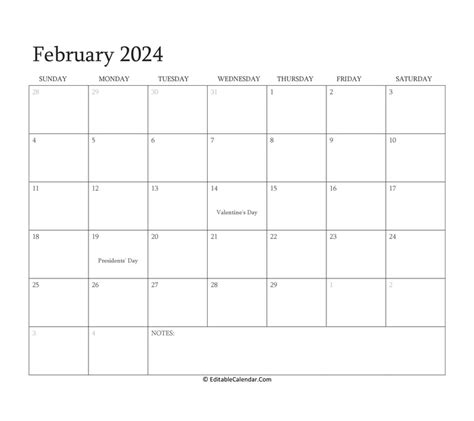 Editable Calendar February 2024