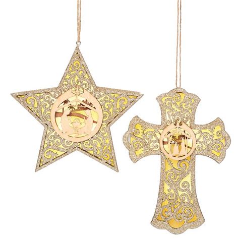 Cross And Star Laser Cut Lighted Ornaments Set Of 2 Ewtn Religious