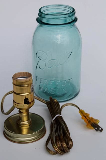 Antique Blue Glass Mason Jar W Electric Light Primitive Country Table