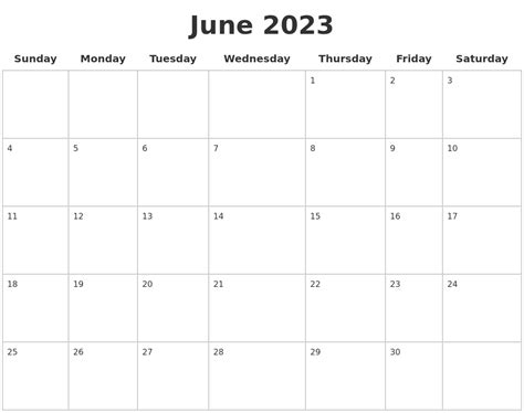 June 2023 Calendar Template Blank Printable Calendar