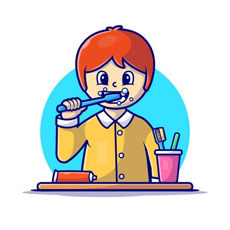 Cute Boy Brushing Teeth Cartoon Vector Icon Illustration People