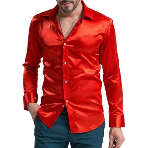 Leisure Mens Clothing High Grade Emulation Silk Long Sleeve Shirts Mens Casual Shirt Shiny