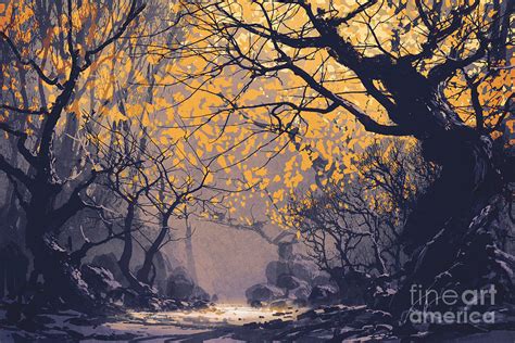 Night Scene Of Autumn Forestlandscape Digital Art By Tithi Luadthong