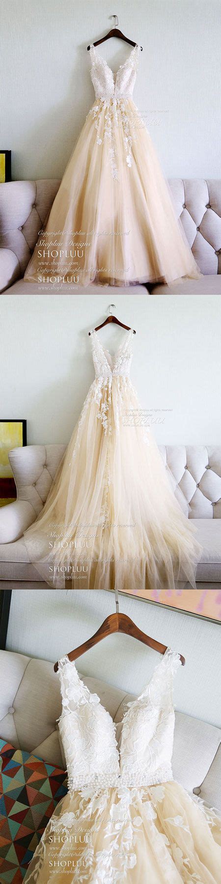 Champagne V Neck Tulle Lace Applique Long Prom Dress Evening Dress