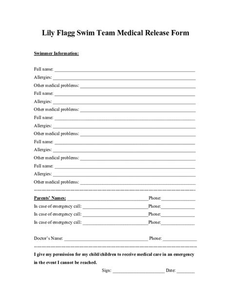 Fillable Online Lily Flagg Swim Team Medical Release Form 21doc Fax