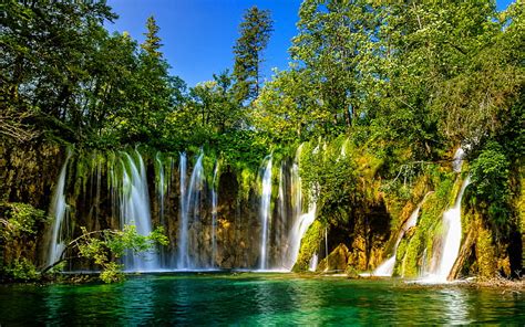 Croatia Waterfalls Summer Lake Forest Plitvice Lakes National Park