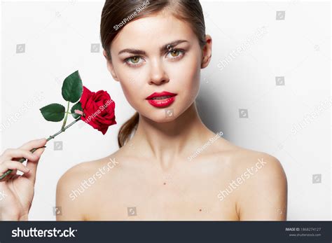 Beautiful Woman Nude Shoulders Red Lips Stock Photo