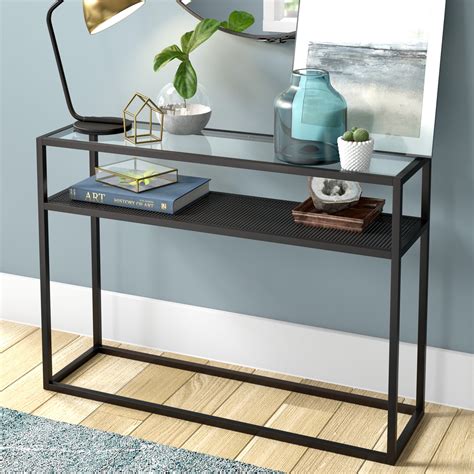 Evelynandzoe Modern Console Table With Metal Mesh Shelf With Glass Top