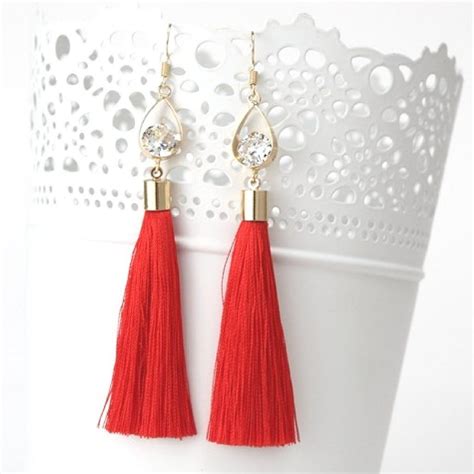 red tassel earrings with gold oval and crystal tassel earrings long tassel earrings boho