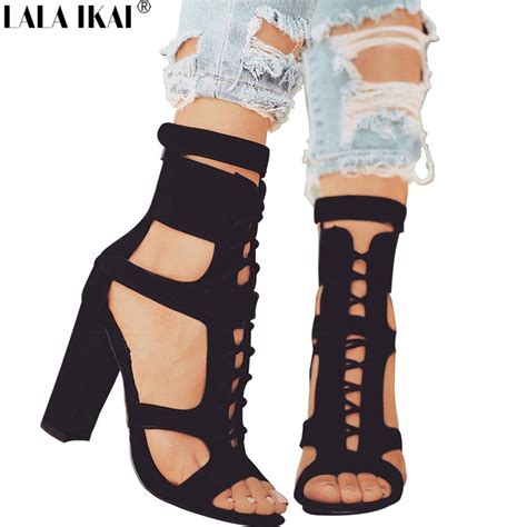 Lala Ikai Summer Women Sexy High Heels Sandals Hollow Out Lace Up Gladiator Shoes Ladies Black