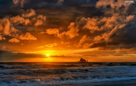 Waves Great Sunsets Rocks Clouds Sea For Desktop Wallpapers