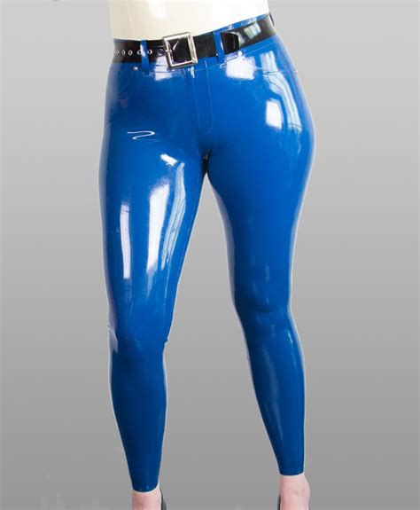 Women Sexy Blue Latex Tights Jeans For Women Fetish Rubber Pants Wo