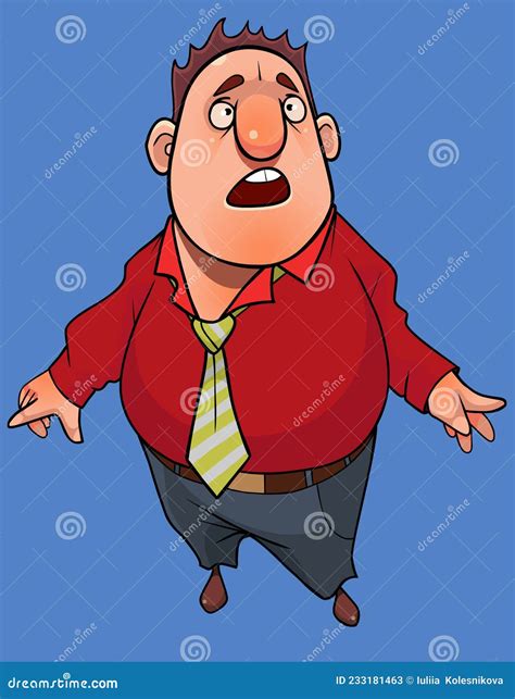 Cartoon Fat Man Stands With And Looks In Surprise With His Mouth Open Stock Vector