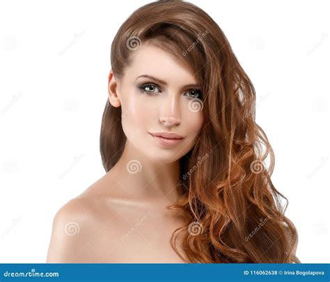 Beautiful Woman Brunette Red Lips Long Hair Healthy Beauty Skin Stock