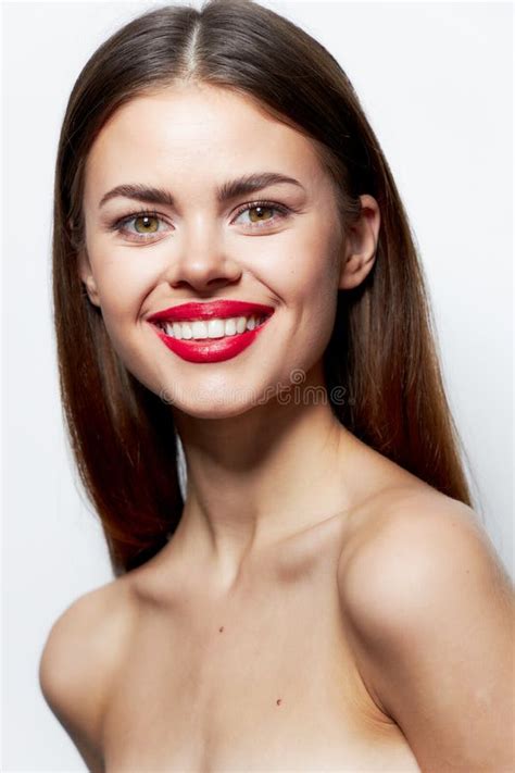 Brunette Nude Shoulders Smile Red Lips Attractive Look Clear Skin Light Stock Image Image Of