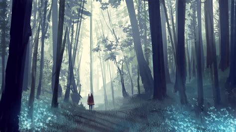 Download 1920x1080 Anime Girl Landscape Forest Cape White Hair