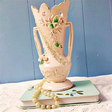 Vintage 1950s Pink Floral Handled Vase Vintage Shabby Chic Pink Vase