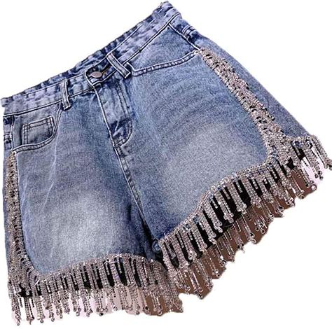Rhinestone Fringe High Waist Denim Shorts Womens Diamond Tassel Short Jeans At Amazon Womens