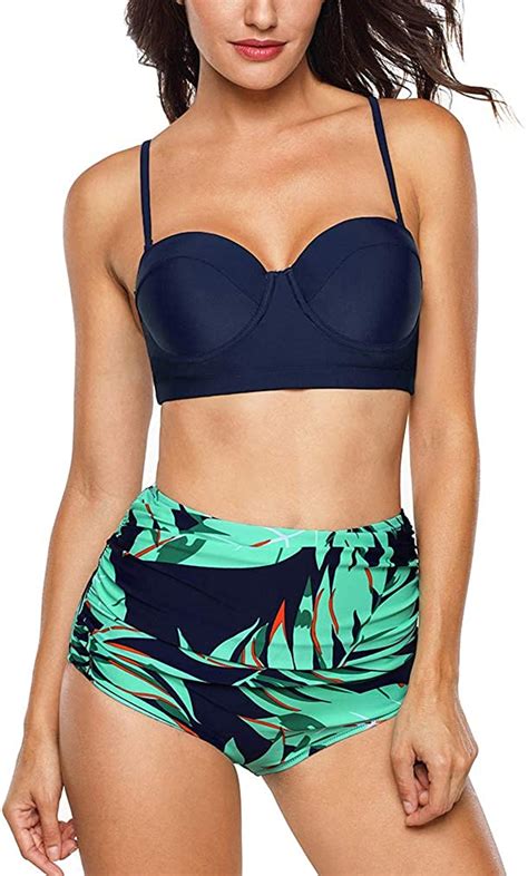 Aixy Women S Vintage Retro Swimsuits Two Piece Old Size Navy Leaf 2