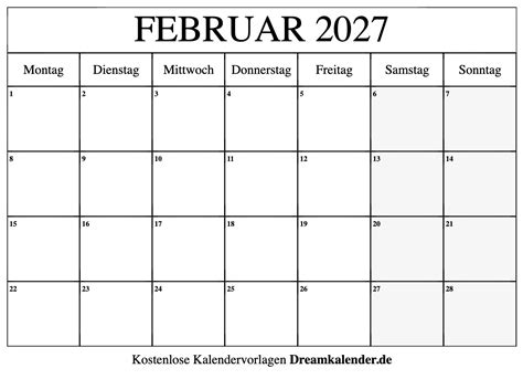 Jedes jahr zwischen 1800 und 2400 kann separat dargestellt werden. Kalender Februar 2027