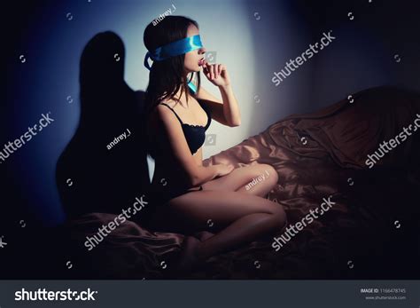 Sexy Girl Blindfolded Black Lingerie Bed Stock Photo 1166478745