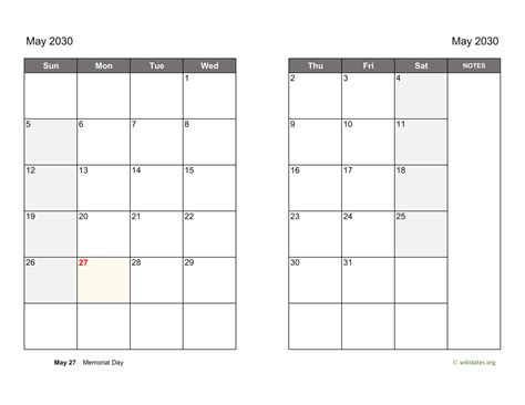 May 2030 Calendar On Two Pages