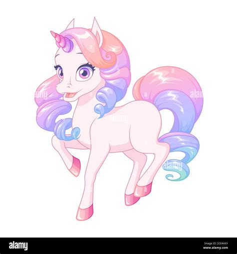 Pretty Pink Baby Unicorn With Colorful Curly Mane Vector Illustration