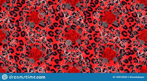 Seamless Pattern With Leopard Print And Red Roses Vector