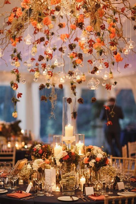 Rustic Indoor Wedding Hanging Bulbs And Colorful Maple Leaves