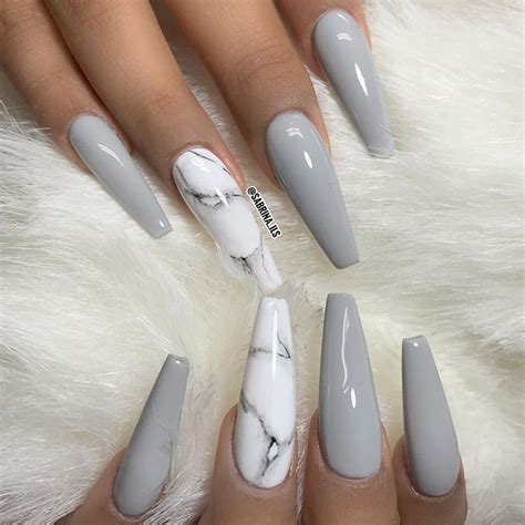 Light Gray Marble Coffin Nails Sculpted Nails Pretty Acrylic Nails